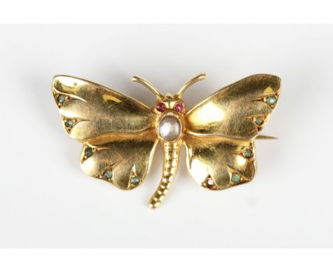 A gold, cultured pearl, red and green gem set brooch, designed as a butterfly, detailed '15ct', weight 3.3g, width 3.2cm (one