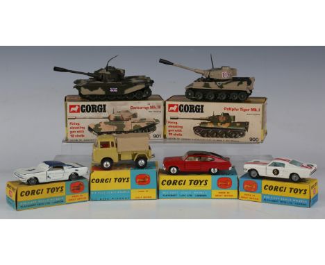 A small collection of Corgi Toys vehicles, comprising No. 325 Ford Mustang Fastback 2+2 competition model, No. 263 Marlin by 