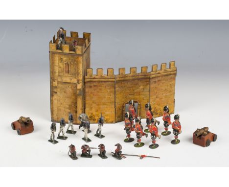 A collection of lead figures, including Highland 'plug head' soldiers and Life Guards, together with two model cannons and a 