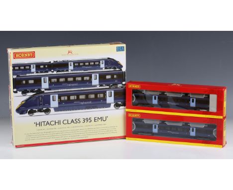 A Hornby gauge OO DCC Ready R.2821 Hitachi Class 395 EMU, an R.4452 coach and an R.4453 coach, all boxed.Buyer’s Premium 29.4