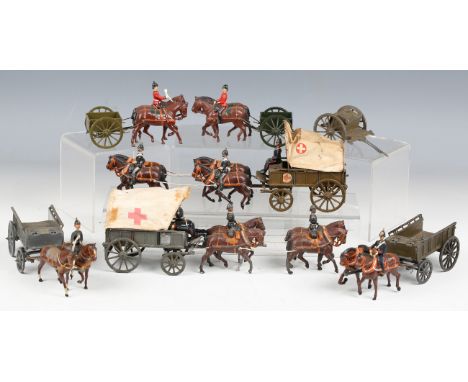 Three Britains lead Royal Army Medical Corps horse-drawn wagons and figures, together with a group of other wagons and limber