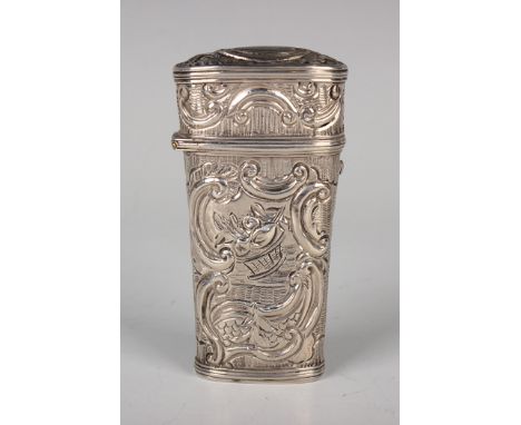 A mid-18th century French silver étui of tapered oval form, embossed with fruit, leaves and 'C' scrolls against a textured gr
