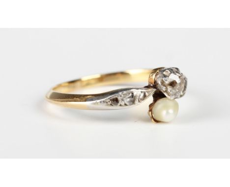 A French gold, diamond and cultured pearl ring, mounted with the principal cushion cut diamond and the cultured pearl in a cr