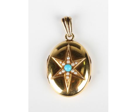 A gold, seed pearl and turquoise oval pendant locket, the front applied with a six pointed star shaped motif, indistinct mark