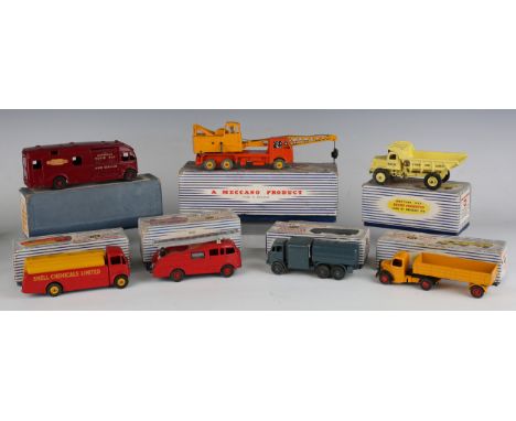 Seven Dinky Toys and Supertoys commercial vehicles, comprising No. 581 horse box, No. 555 fire engine, No. 965 Euclid dump tr