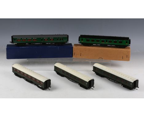 A Lawrence Scale Models kit-built gauge OO Southern 1st class Bulleid brake composite coach S6732S, boxed, together with thre
