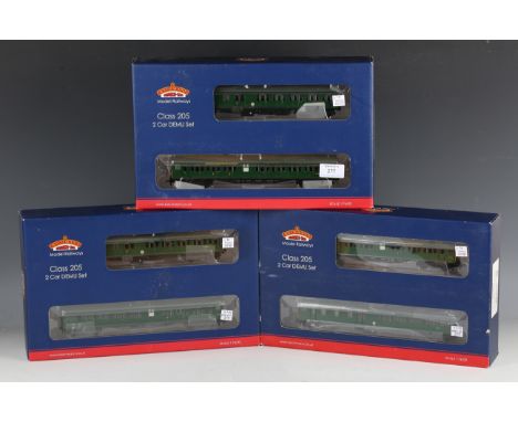 Three Bachmann Branch-Line for Kernow Model Rail Centre gauge OO DCC Class 205 two car DEMU sets, comprising No. 31-235Z, No.