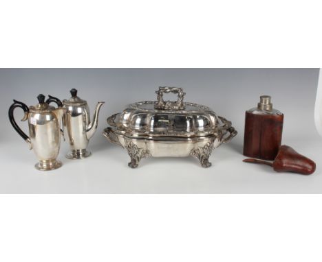 A 19th century Sheffield plate entrée dish, cover and handle with a two-handled warming base and liner, length 36.5cm, a plat