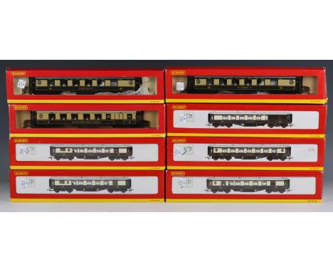 Eight Hornby gauge OO Pullman coaches, including R.4163 car number 64, R.4162 'Minerva' and R.4164 'Argus', all boxed, togeth