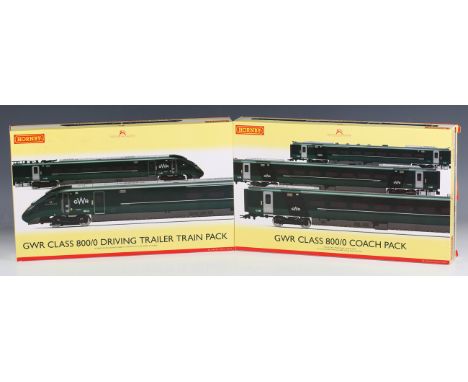 A Hornby gauge OO R.3609 GWR Class 800/0 driving trailer train pack and an R.4870 GWR Class 800/0 coach pack, both boxed with