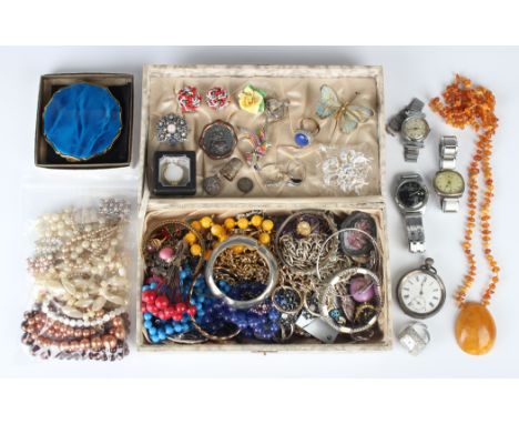 A collection of mostly costume jewellery, including an amber pendant necklace, gross weight 41.6g, two silver rings, various 