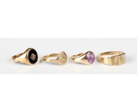 A 9ct gold, black onyx and diamond oval signet style ring, London 1979, ring size approx S, a 9ct gold and diamond set square