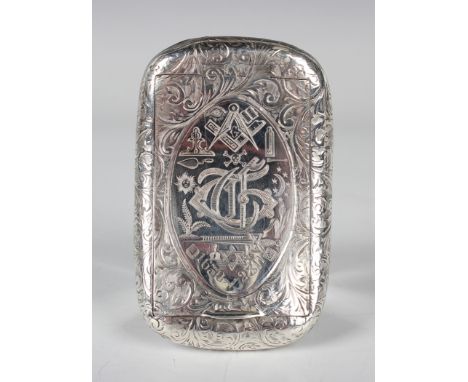 An Edwardian silver curved rectangular snuff box, the hinged lid engraved with a monogram framed by Masonic motifs and number