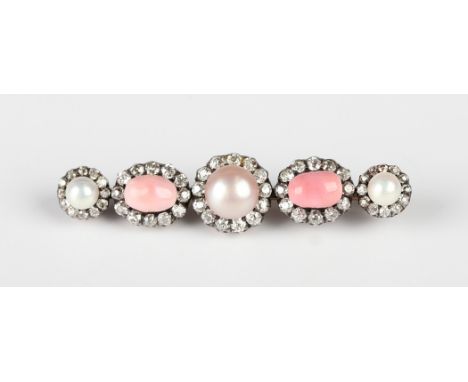 A late Victorian gold, silver, diamond, pearl and conch pink pearl brooch, designed as a row of five clusters graduating in s