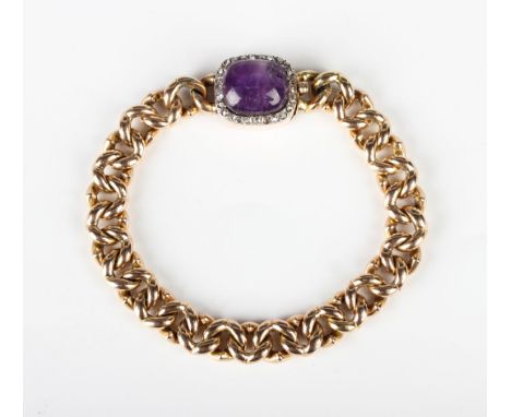 A gold, amethyst and diamond curblink bracelet, the snap clasp mounted with a cabochon amethyst within a surround of rose cut