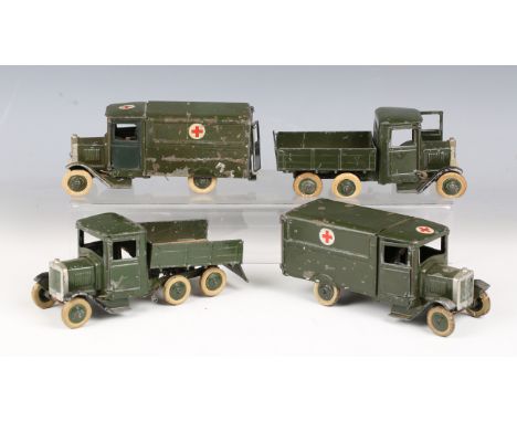 Two Britains No. 1512 army ambulances with drivers, together with two Britains army six-wheel tipper lorries (playwear, paint