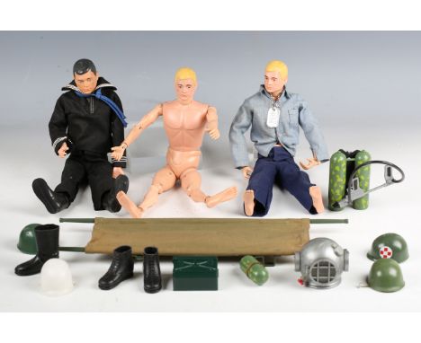 A collection of Palitoy Action Man figures and accessories, including three figures, uniforms, guns, a flame-thrower, a stret