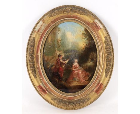 
	
		A pair of late 19th century Continental reverse pictures on glass, probably French, with overpainted prints laid down on