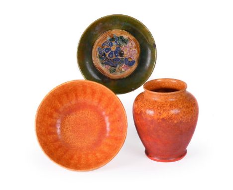 
	
		A Pilkington's Royal Lancastrian vase and bowl, with an orange mottled glaze, impressed factory back stamps and numbers 