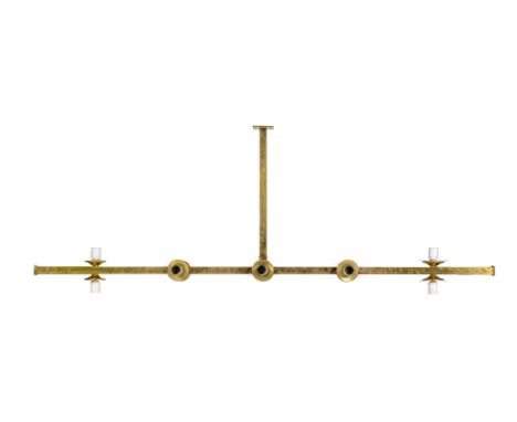 
	
		A ten light pendant light fitting, of recent manufacture, square section lacquered brass rods, with SEVEN milk glass sha
