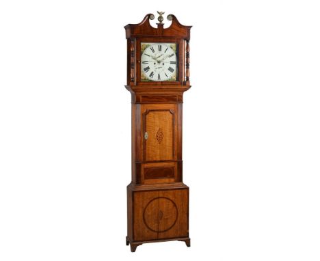 
	
		An oak and mahogany longcase clock, second quarter 19th century, with eight-day bell striking movement, the 13.5inch pai