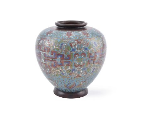 
	
		A Chinese Champlevé enamel vase, 19th century or later, of generous ovoid form, 30cm high 
		
		Condition Report: 
		som