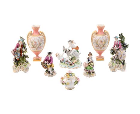 
	
		A selection of English and Continental porcelain, comprising; a pair of Coalport pink ground Sevres style vases with Cup