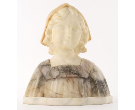 Attributed to Gustave Van Vaerenbergh (1873-1927)- a marble and alabaster bust of a young woman, wearing Dutch style hat with