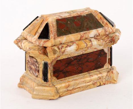 
	
		An Italian polychrome marble inkwell, 19th century, of facetted sarcophagus form, 12cm high, 16cm high
		
		Provenance: 