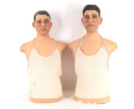 
	
		Two composition mannequin figures of shop display type, male torsos, realistic heads with glass eyes, apparently unmarke