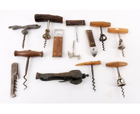 
	
		A large quantity of assorted corkscrews to include a Lund Patent two part lever corkscrew, marked to screw and frame, 20