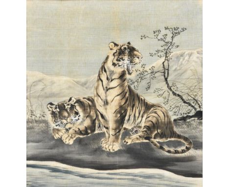 
	
		A Yuzen dyed picture of two Siberian tigers beside a stream with mountains rising in the distance, additional painted de