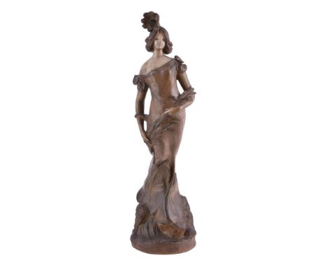 
	
		A large cold painted terracotta figure of a lady 'Fee aux Eaux', late 19th/early 20th century, titled and indistinctly s