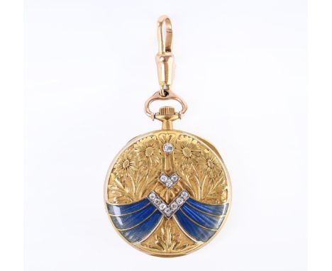 Longines, 18 kt. gouden remontoir horloge, Art Nouveau. De achterzijde met een decor van margrieten en banen met in kleur ver