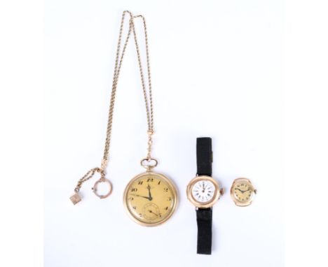 Eterna, 14 kt. gouden remontoir horloge, met onedele binnendeksel, het glas los, knop mist, aan een 14 kt. gouden horloge ket