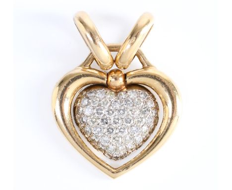 18 kt. Gouden hanger in de vorm van een dubbel hart. Het middendeel pavé bezet met briljant geslepen diamant met een totaalge