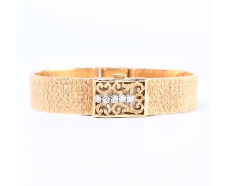 Bucherer, 18 kt. gouden mechanisch dames polshorloge, jaren '60 - '70. De wijzerplaat verborgen achter een opengewerkte dekse