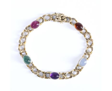 14 kt. Gouden gourmet schakelarmband, bezet met cabochon geslepen rubeliet, groene beryl, amethist, maansteen en citrien brut