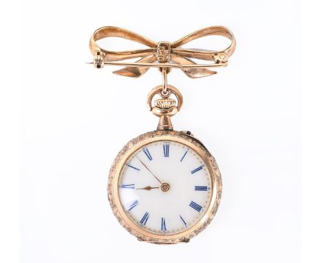 14 kt. Gouden remontoir horloge. Met gouden binnendeksel. De achterzijde met een decor van ruitjes en een schild. Aan een 18 