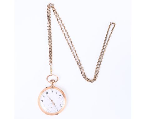 14 kt. Roségouden remontoir horloge. Met seconde aanduiding op de 6. Met gouden binnendeksel. Aan een 14 kt. gouden lange hor