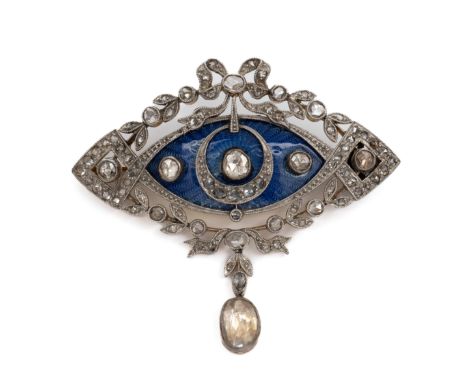 14 kt. Goud met witgouden markiesvormige broche, Belle Epoque. Bezet met vele roosgeslepen diamanten, het midden met blauwe g