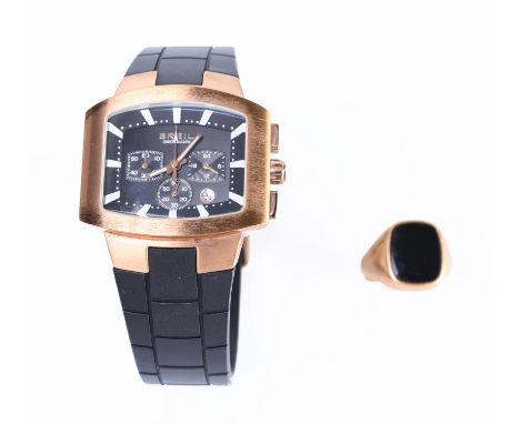 Breil, stalen met double heren polshorloge, quartz. Uit de 'Golden Series', aan een zwart rubberen band. Met doos. Hierbij ee