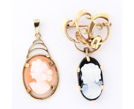 14 kt. Gouden broche en hanger. Beide met een camee; onix en kunststof bruto 12,4 gr., h. 49 en 36 mm [2] 14 k. gold brooch a