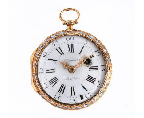 J. Baptiste Baillon, Hoog gehalte gouden sleutelhorloge, ca. 1750. De achterzijde met allegorische voorstelling in emaille de