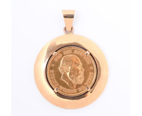 Gouden tientje, met koning Willem III, 1875. In een 14 kt. gouden muntrand bruto 12,6 gr., diam. 34 mm [1] Golden tenner, wit