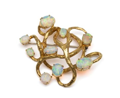 14 kt. Gouden organisch vormgegeven broche, jaren '70. Met gekrulde takvormen waartussen ovale opalen van diverse groottes (6