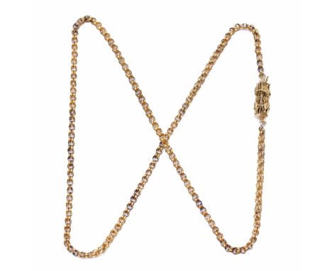 14 kt. Gouden dubbel jasseron collier, 19e eeuw. Aan een bakslot gedecoreerd met filigrain, spinnetjes en ruiten bruto 8,4 gr