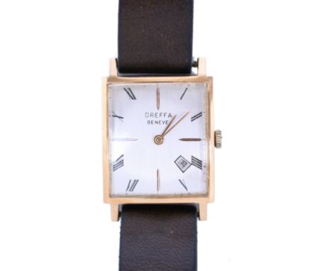 Dreffa, 18 kt. gouden heren mechanisch polshorloge, jaren '50 - '60. Met datum aanduiding tussen de 4 en 5. Aan een bruin led