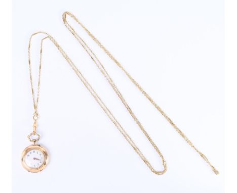 14 kt. Gouden remontoir horloge, met onedele binnendeksel en hangoog. Aan een 14 kt. fijn gouden collier bruto 28,8 gr., diam