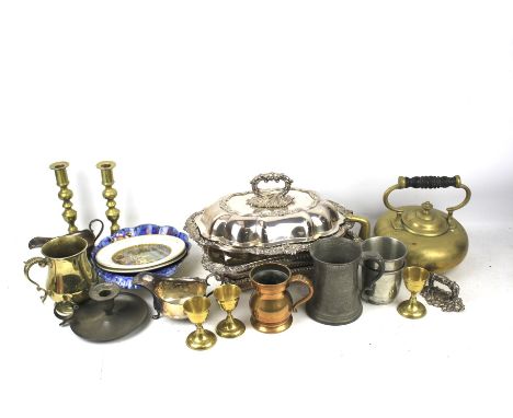 Quantity of metalware, silver plate and pewter items. Comprising serving dishes, teapot, pewter tankards, etc. 